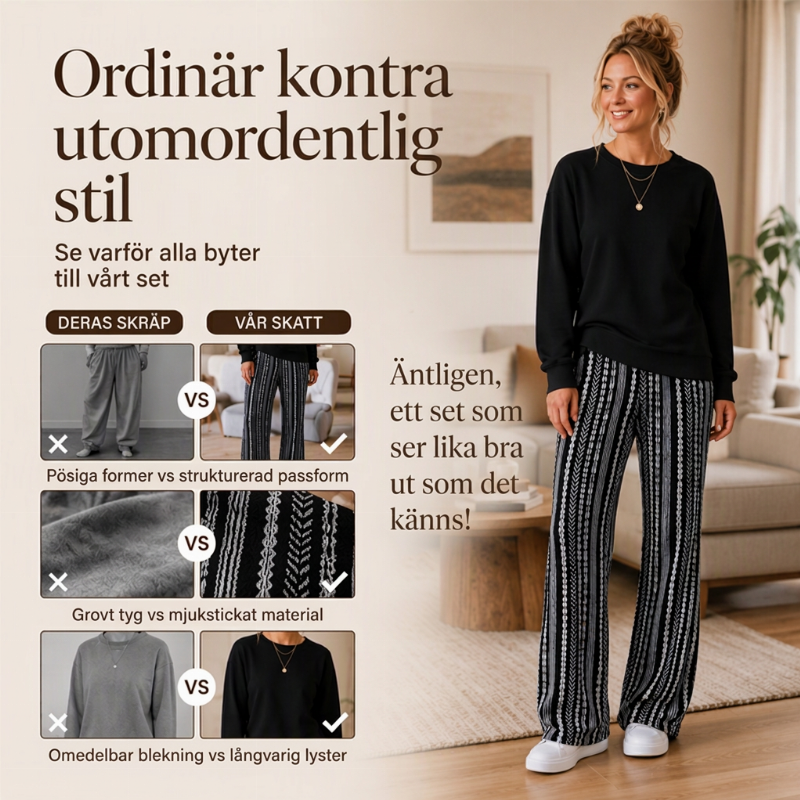 Damsätt i vardagsstil med crewneck-topp och mönstrade byxor-3