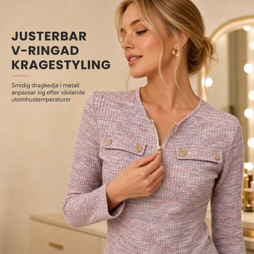 Långärmad stickad topp med V-ringning och halv dragkedja för kvinnor-3