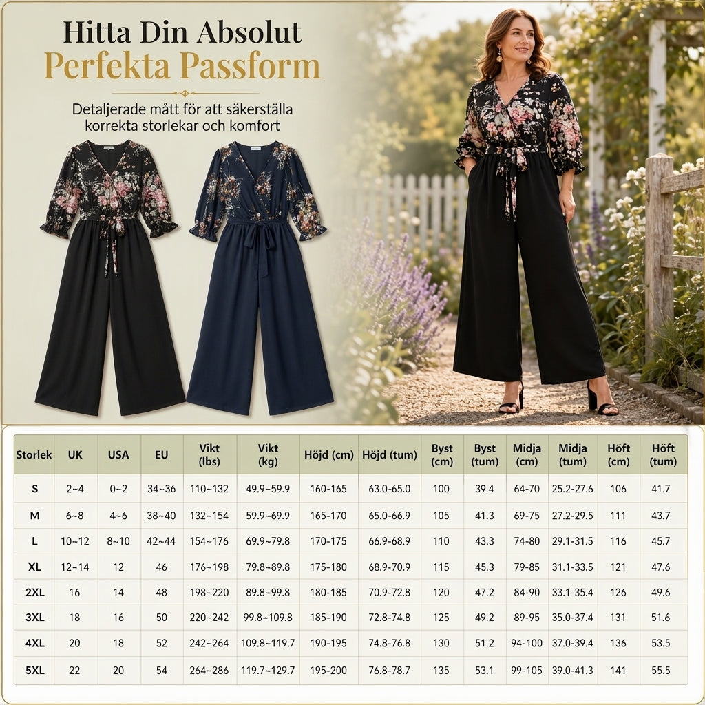📢🎉50 % rabatt!!!🛍️✨Elegant jumpsuit med blommönster, omlott-V-ringning, vida ben, snörning i midjan och rynkade 3/4-ärmar-7