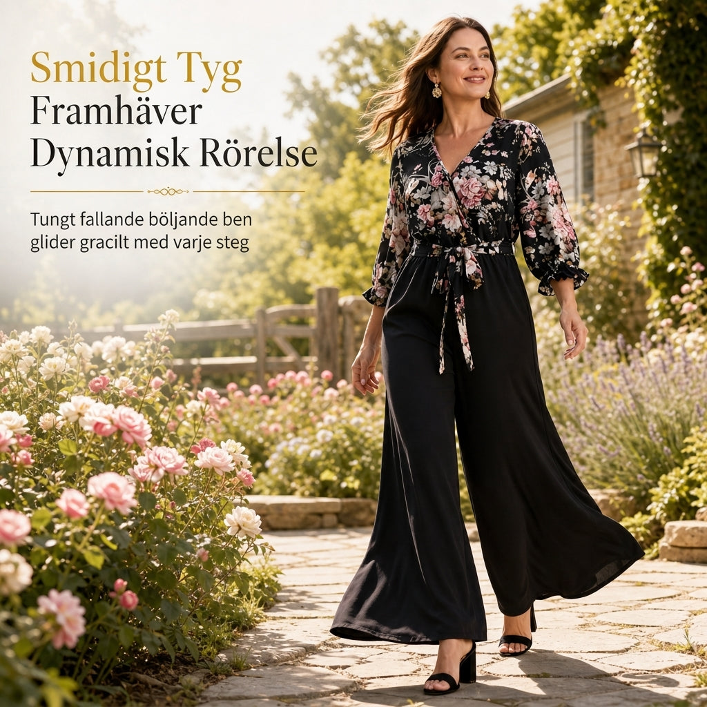 📢🎉50 % rabatt!!!🛍️✨Elegant jumpsuit med blommönster, omlott-V-ringning, vida ben, snörning i midjan och rynkade 3/4-ärmar-2