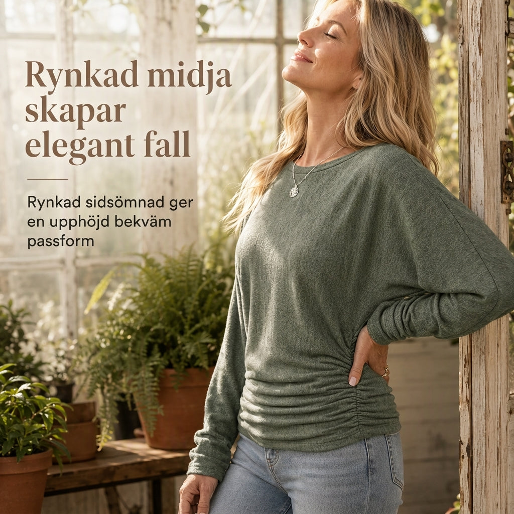 Casuel lös tröja i stickat med rund hals och långa ärmardam, med droppade axlar, fladdermusärmar och rynkdesign i sidorna-3