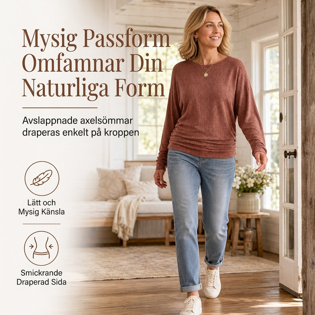 Casuel lös tröja i stickat med rund hals och långa ärmardam, med droppade axlar, fladdermusärmar och rynkdesign i sidorna-5