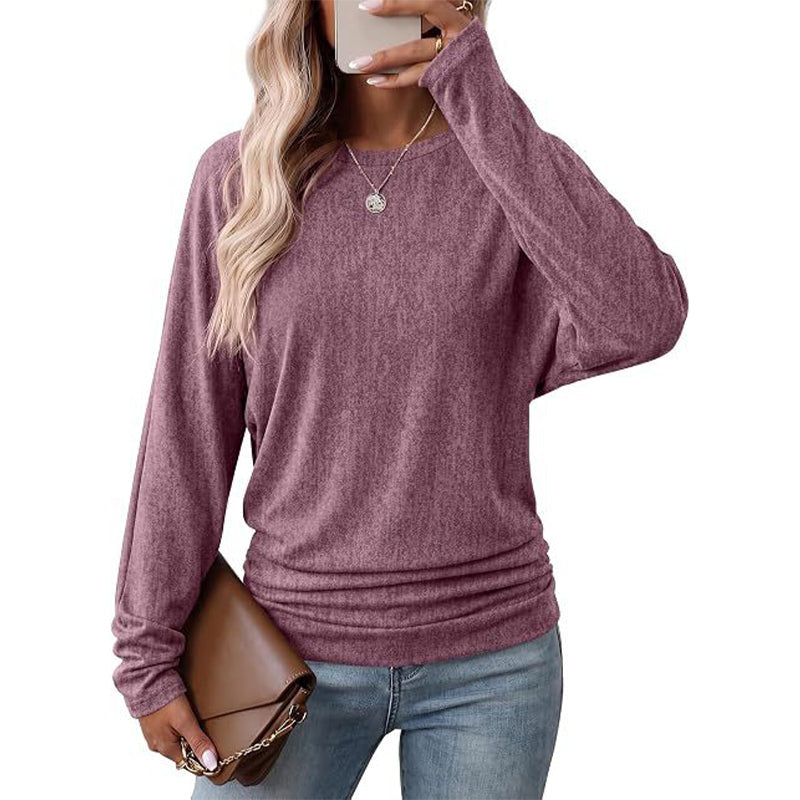 Casuel lös tröja i stickat med rund hals och långa ärmardam, med droppade axlar, fladdermusärmar och rynkdesign i sidorna-13