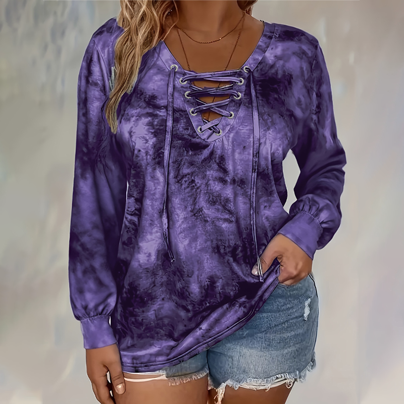 Damtopp med tie-dye-tryck, snörning och V-ringning-8