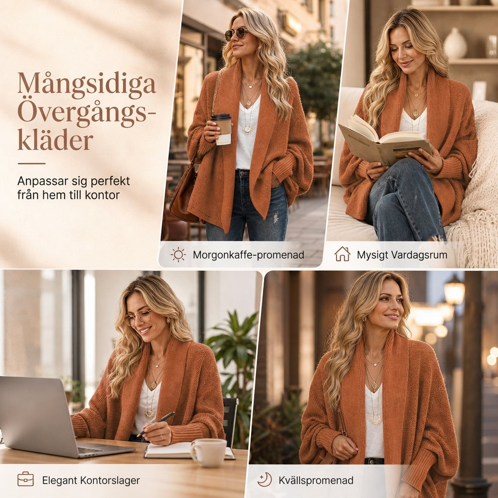 ✨⭐Löst stickad kofta för kvinnor med fladdermusärmar, öppen fram med sjal krage för höst och vinter-6