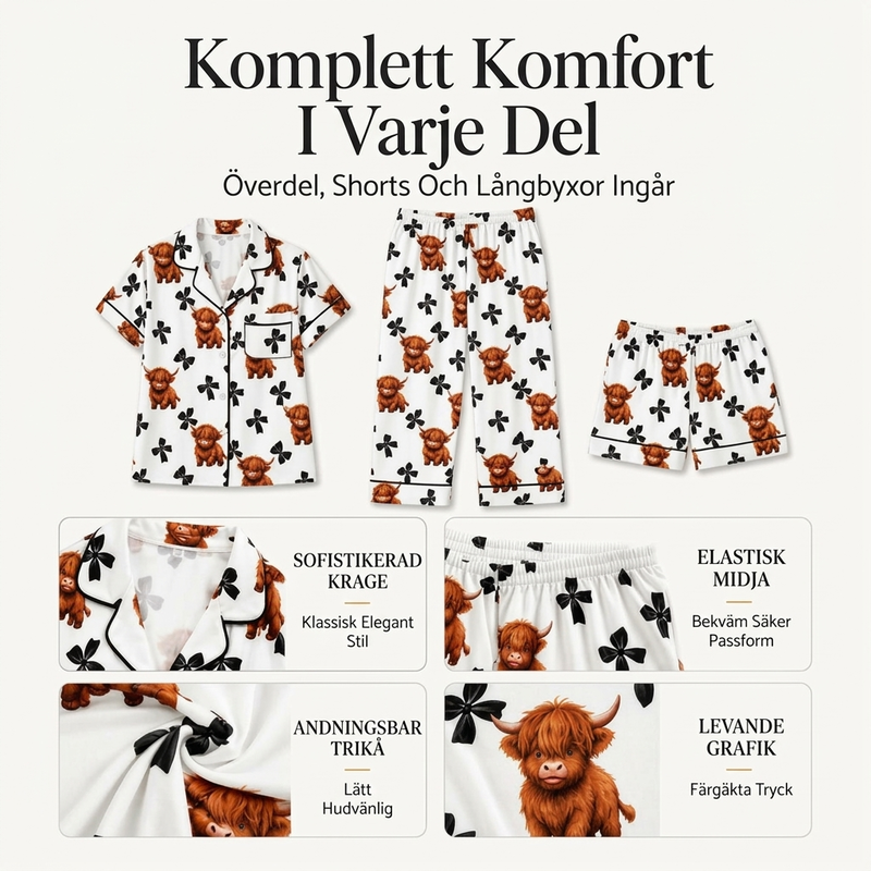 🐮Pyjamasset Dam med Highland Cow-mönster – Mjukt & Mysigt 3-delat Set-1