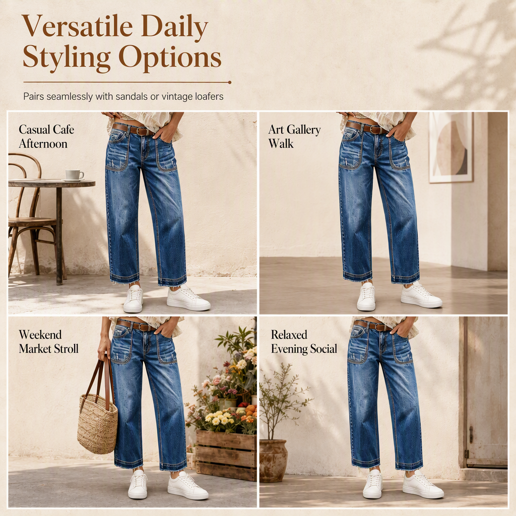 Vintage jeans för damer i stretchtyg med raka ben, slitna påsydda fickor och fransiga, obearbetade benslut-4