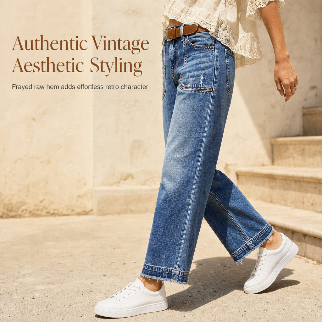 Vintage jeans för damer i stretchtyg med raka ben, slitna påsydda fickor och fransiga, obearbetade benslut-3