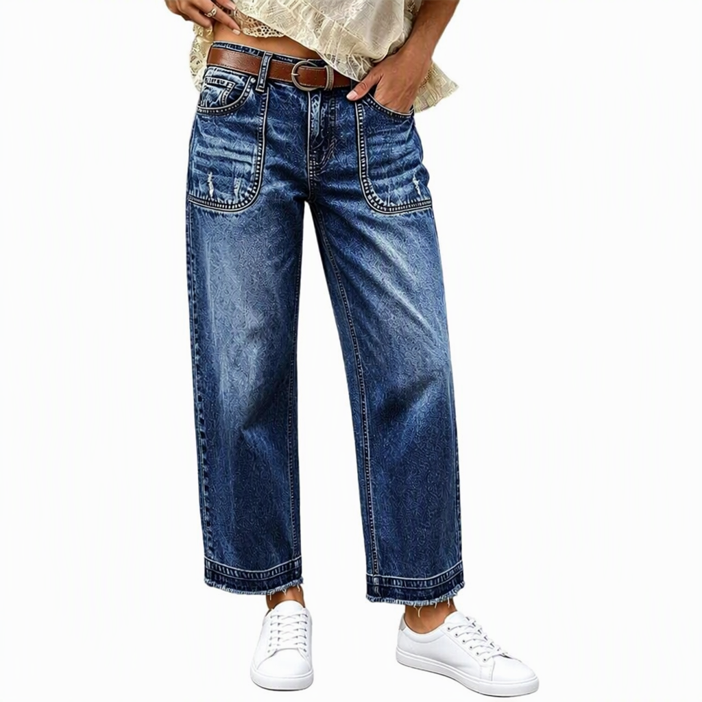 Vintage jeans för damer i stretchtyg med raka ben, slitna påsydda fickor och fransiga, obearbetade benslut-8