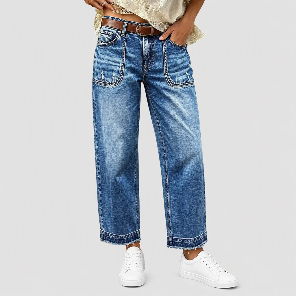 Vintage jeans för damer i stretchtyg med raka ben, slitna påsydda fickor och fransiga, obearbetade benslut-9