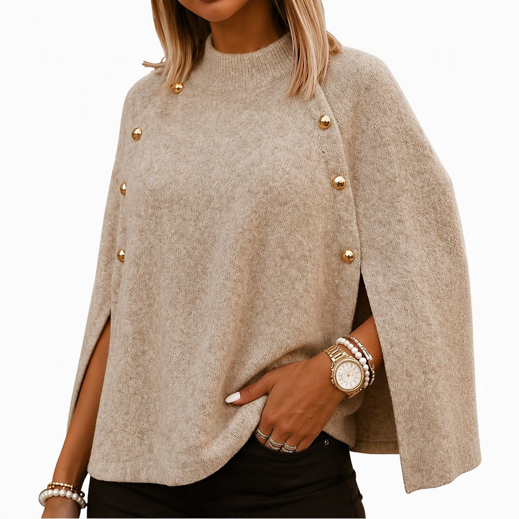Damknittad cape-poncho med knappar-9