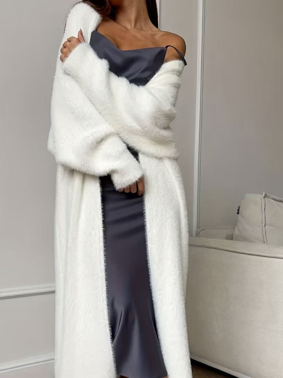 🥰 Nyhet! Lång damkofta i fleece med imiterad päls, en fluffig oversized stickad kofta för höst och vinter-8