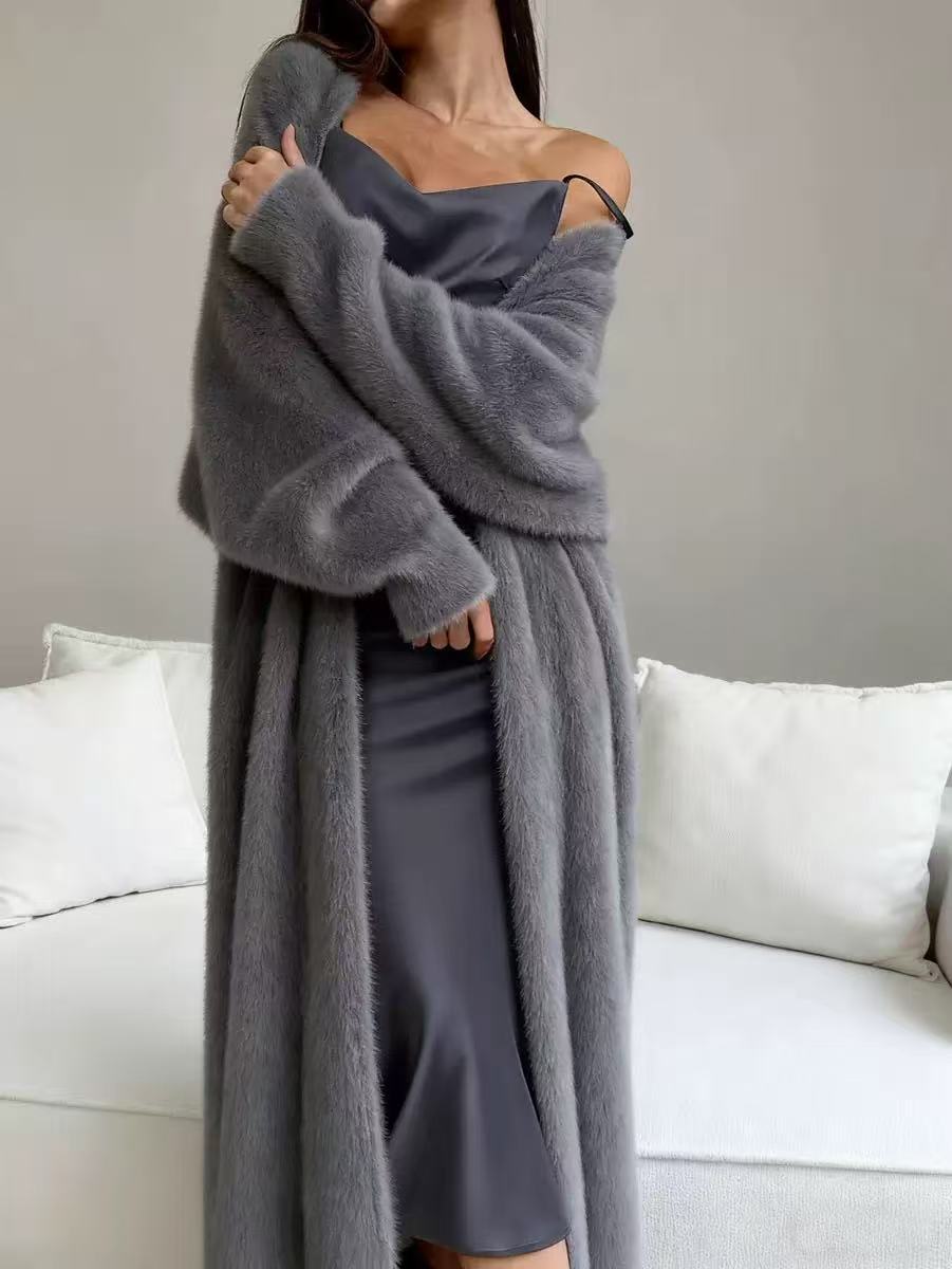 🥰 Nyhet! Lång damkofta i fleece med imiterad päls, en fluffig oversized stickad kofta för höst och vinter-9