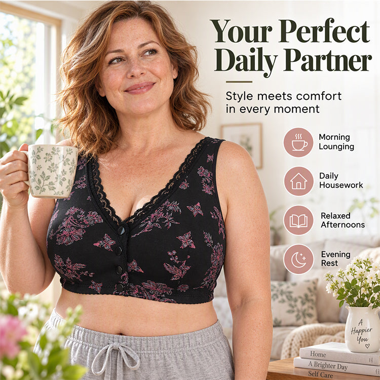 🔥50 % rabatt! Dam Plus Size Frontknapp Blommönster Trådlös BH-4
