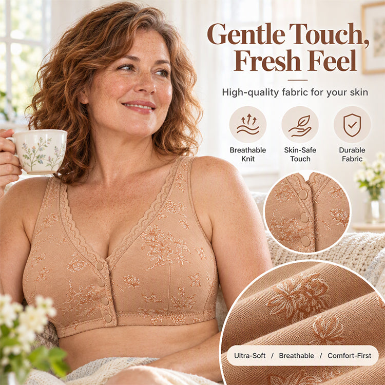 🔥50 % rabatt! Dam Plus Size Frontknapp Blommönster Trådlös BH-5