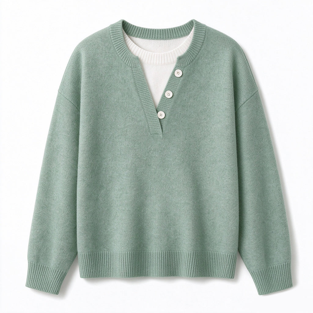 👚 Mjuk Stickad Tröja för Dam med V-ringning, Knappslå och Lager-på-lager-look-16