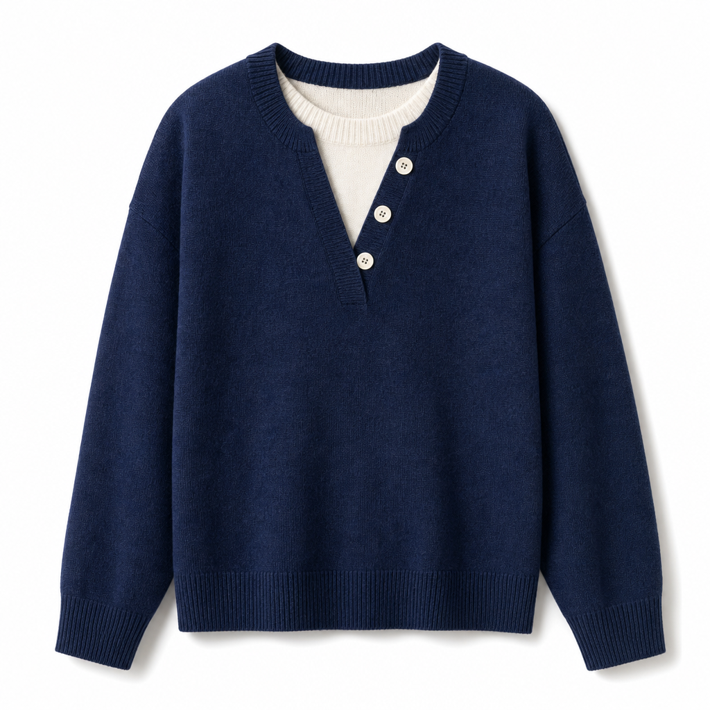👚 Mjuk Stickad Tröja för Dam med V-ringning, Knappslå och Lager-på-lager-look-20