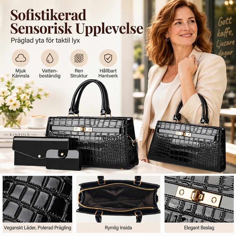 🔥50 % rabatt! Handväska med krokodilmönster, 3-delars set-3