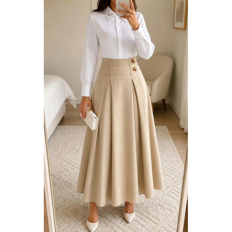 💥 Tidsbegränsat erbjudande 👗 Kvinnlig högmidjad, veckad A-linje-maxi kjol ✨ Hög midja, veckad design, flytande A-linje långkjol-9