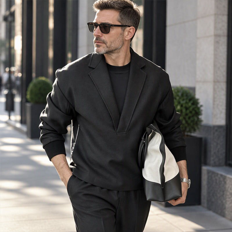 🚚 Fri frakt på just den här produkten!  🔥Herrset i twill med sweatshirt med fållkrage och byxor-7