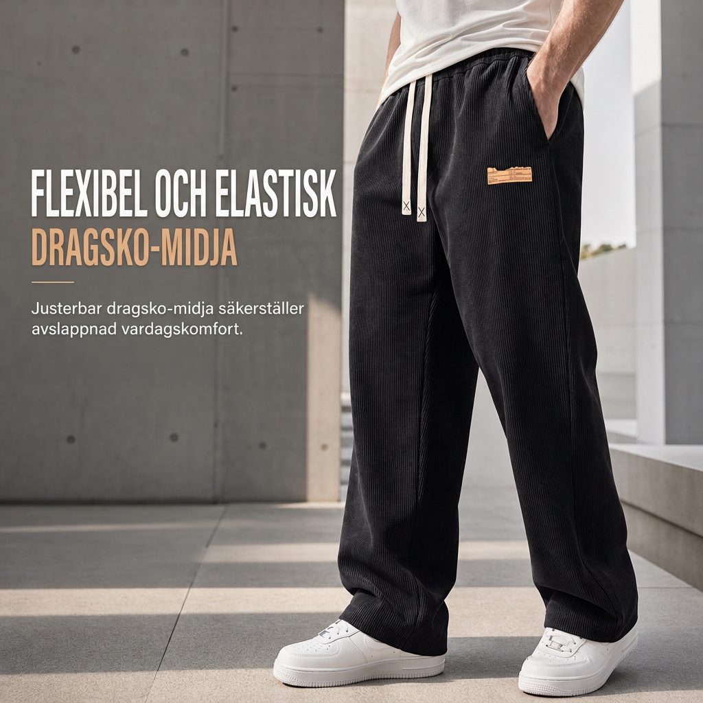 🤳 Herrbyxor i corduroy, elastisk midja med dragsko – lös passform, raka ben-2