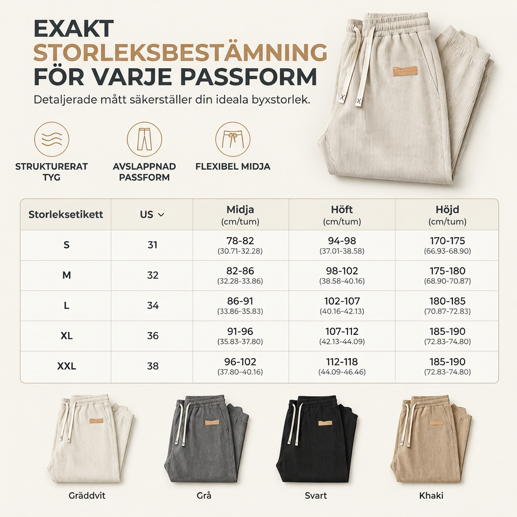 🤳 Herrbyxor i corduroy, elastisk midja med dragsko – lös passform, raka ben-7