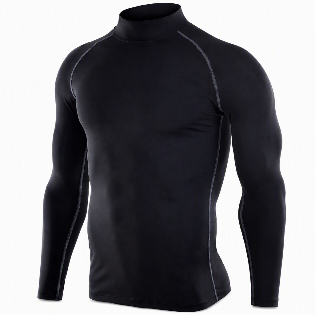 Termisk långärmad kompressions-T-shirt för män med foder, hög hals för sport, löpning och träning-11