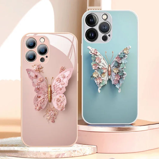 Płaska szklana obudowa z wzorem motyla 3D kompatybilna z iPhone'em 🦋